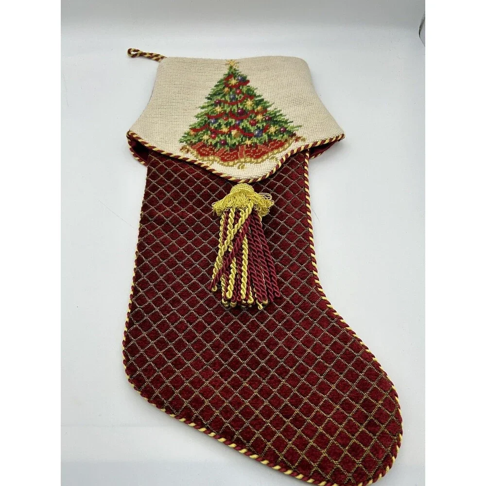 Dillards Trimmings Embroidered Christmas Stocking 21” Tassel Velvet VTG
